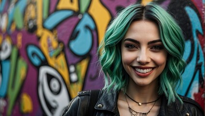 Smiling young woman with shoulder-length green hair, wearing a black leather jacket, in front of a mural for a striking close-up.