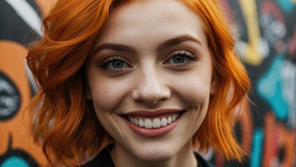 Close-up portrait of a smiling young woman with wavy orange hair and tattoos, styled in a gothic...