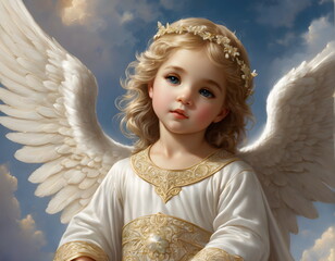 A little angel, an innocent child with wings in a white dress
