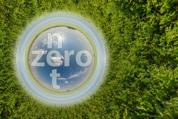 net zero text concept image against blue little planet in green grass background