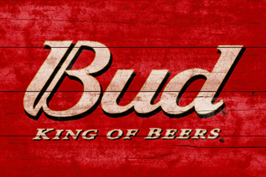 Budweiser sign. Close-up Budweiser logo on wooden surface