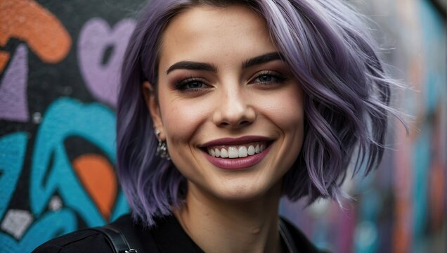 A close-up portrait of a smiling young woman with short purple hair, black attire, and an urban graffiti background.