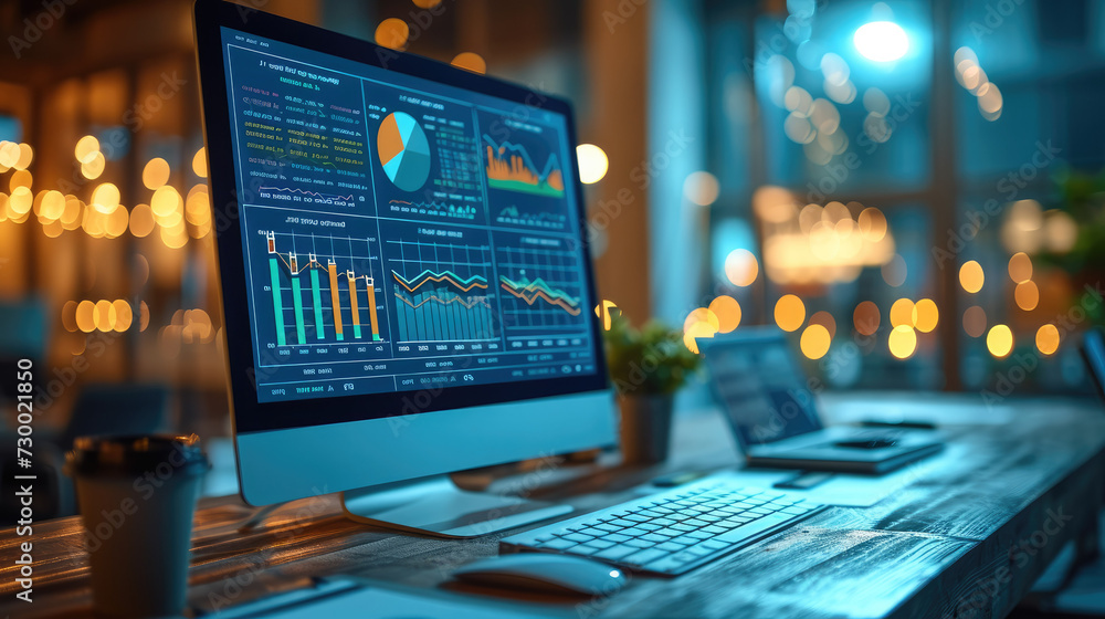 Aufkleber Intelligence and business analytics with key performance indicators, Professional key performance indicator metrics dashboard for sales and business results evaluation. Generative AI.