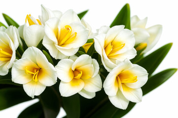 Fototapeta na wymiar a bouquet of Freesia white flowers white flowers with yellow centers and green stems. ai generative