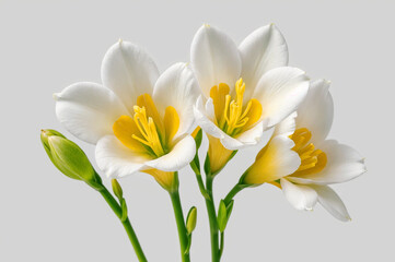 Fototapeta na wymiar a bouquet of Freesia white flowers white flowers with yellow centers and green stems. ai generative