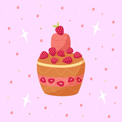 Hand draw postcard with strawberry cakes, chocolate and stars. Pink,red and yellow colors. Card for birthday, party, celebration and holidays. Vector illustration in cartoon style.Pink background.