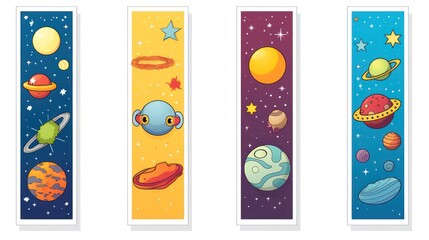 Universe science themed poster design, with icons of the planets of the solar system. Planet Saturn Mars and Moon.