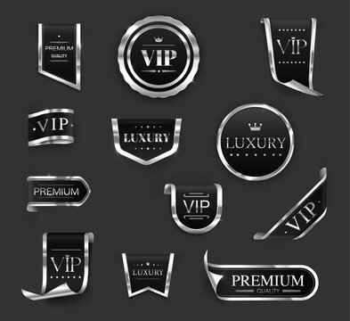 Silver luxury VIP labels and banners, ribbons or badges and premium quality vector stickers. VIP certificate labels and exclusive silver black emblems or premium quality tags with crown and stars