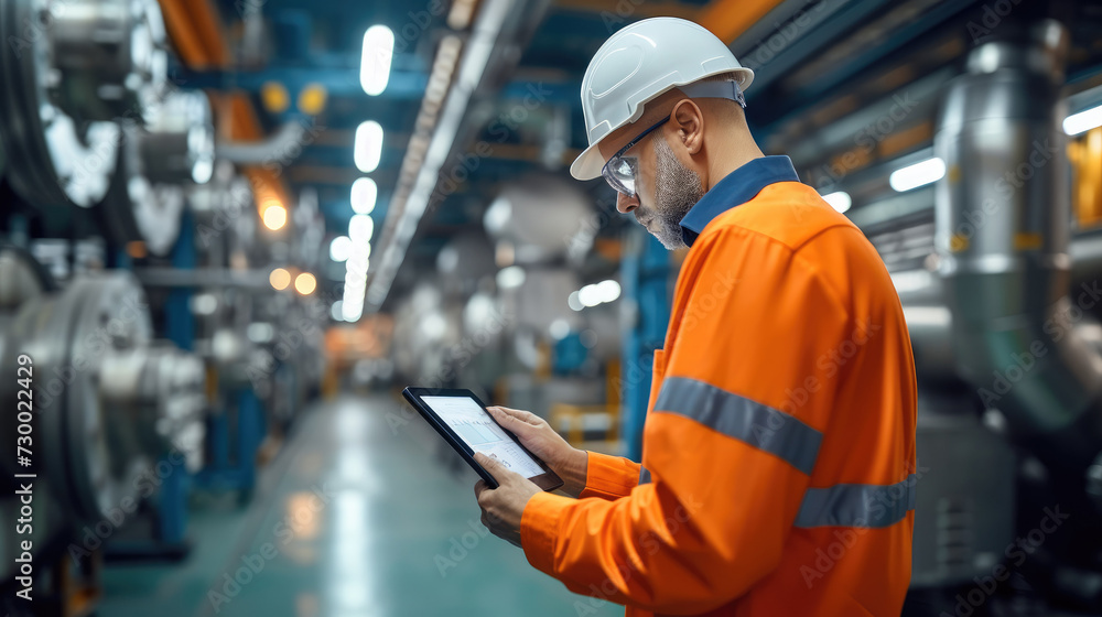 Aufkleber engineer control robotics automatic with digital tablet, industrial gas turbines machine in factory,