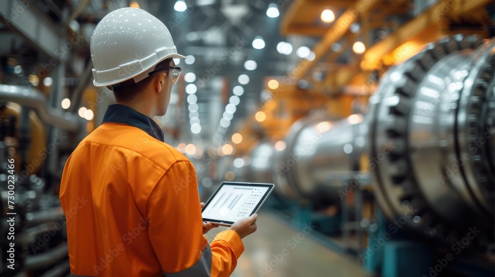 Aufkleber engineer control robotics automatic with digital tablet, industrial gas turbines machine in factory,