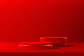 Round red Chinese podium stage with golden rings. Vibrant scene in striking scarlet hues, enhanced by gold circles, exudes regality and cultural elegance, captivating focal point for ceremonial events
