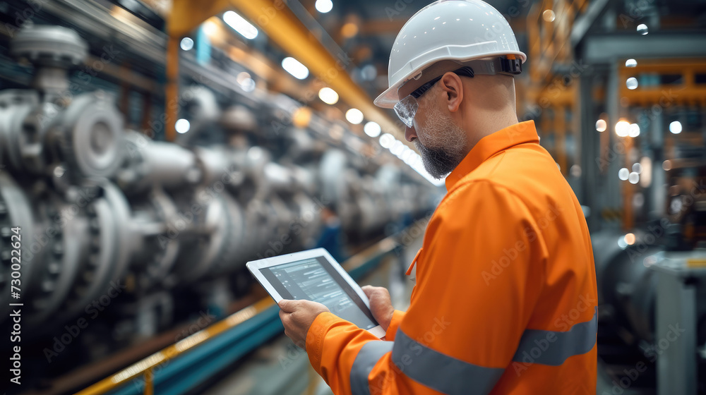 Leinwandbilder Engineer control robotics automatic with digital tablet, Industrial gas turbines machine in factory, automotive industrial. Generative AI.