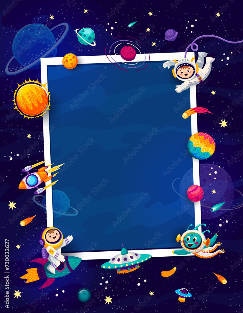 Poster birthday photo frame with galaxy space planets, rocket and stars, ufo and astronauts. vector rectang