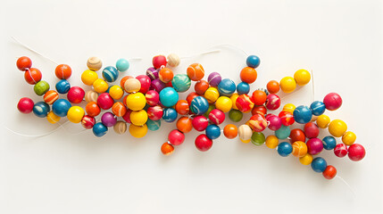 Multicolored wooden beads strung on transparent thread, forming a vibrant and whimsical arrangement ideal for crafting and design projects.