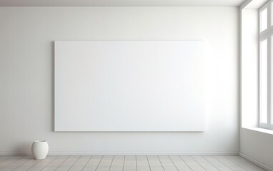 Minimalistic style art studio space mockup. Huge white framed blank art canvas on large wall in minimal room. Soft day light. Gallery, exhibition, exposure. AI Generative.