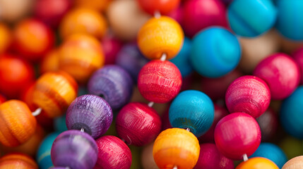 Multicolored wooden beads strung on transparent thread, forming a vibrant.