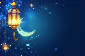 Obraz na płótnie Canvas Blue banner featuring a moon and lantern for Ramadan. Ramadan Mubarak