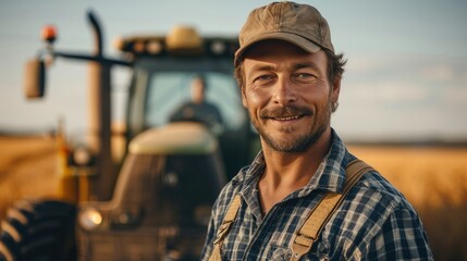 Portrait of proud harvester machine driver. Farmer standing at his combine. Generative AI. - obrazy, fototapety, plakaty