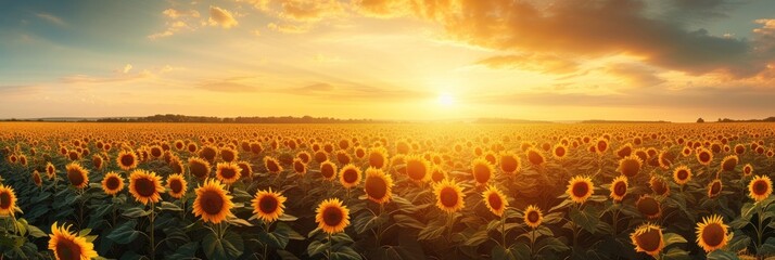 A beautiful field of flowers with a warm golden glow at sunset. A bright field of yellow flowers - obrazy, fototapety, plakaty