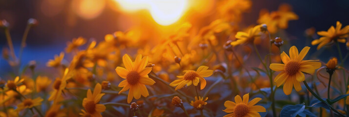 A beautiful field of flowers with a warm golden glow at sunrise