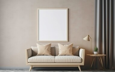 Mock up poster frame in modern beige home interior. Minimalistic natural style. Toned colors. AI Generative.