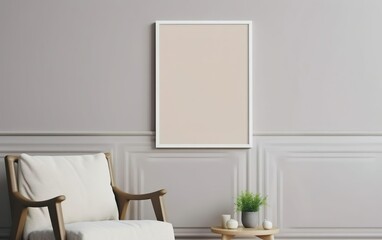 Fototapeta na wymiar Mock up poster frame in modern beige home interior. Minimalistic natural style. Toned peach colors. AI Generative.