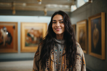 Art Enthusiast Admiring Paintings in Gallery: Cultural Immersion and Joyful Discovery