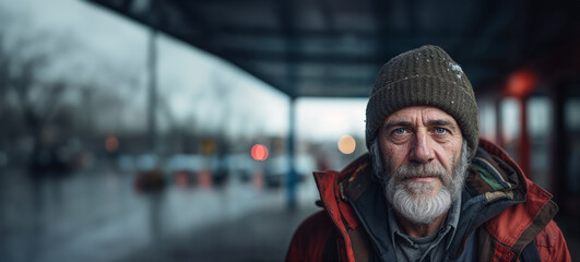 Weathered Face of Experience: Elderly Man Contemplating Life at Dusk in Urban Setting