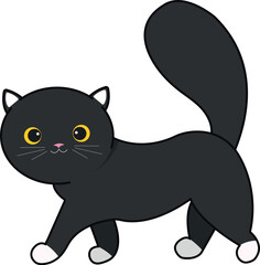 vector cartoon black cat with white paws. cute gray kitten walking and smiling. children illustration with pet