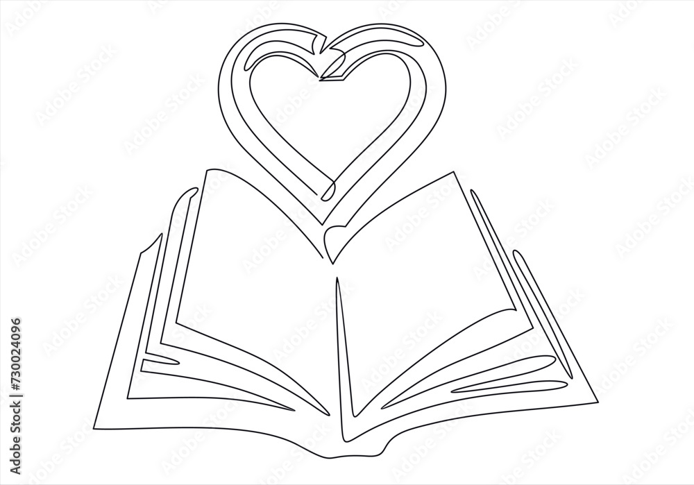 Poster open book and heart, continuous line vector illustration. one line vector drawing of a book and a he