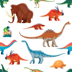 Cartoon dinosaur, prehistoric animal characters seamless pattern. Textile vector print, seamless backdrop with Mammoth, Styracosaurus, Pelorosaurus and Euhelopus, Shansisuchus, Amargasaurus dinosaurs