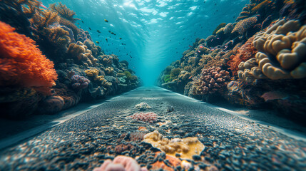 Underwater road amidst coral reefs and marine life.