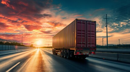 Obraz premium trucks on a highway. Evening shot of truck doing transportation