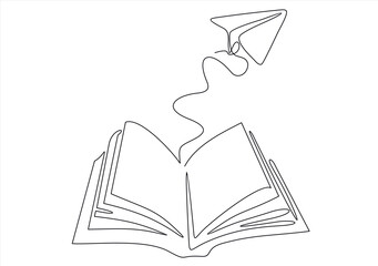 Opened book and flying paper plane continuous one line drawing. Hand drawn line art vector illustration, Creative strategy and education innovation, Minimalist simple contour design.