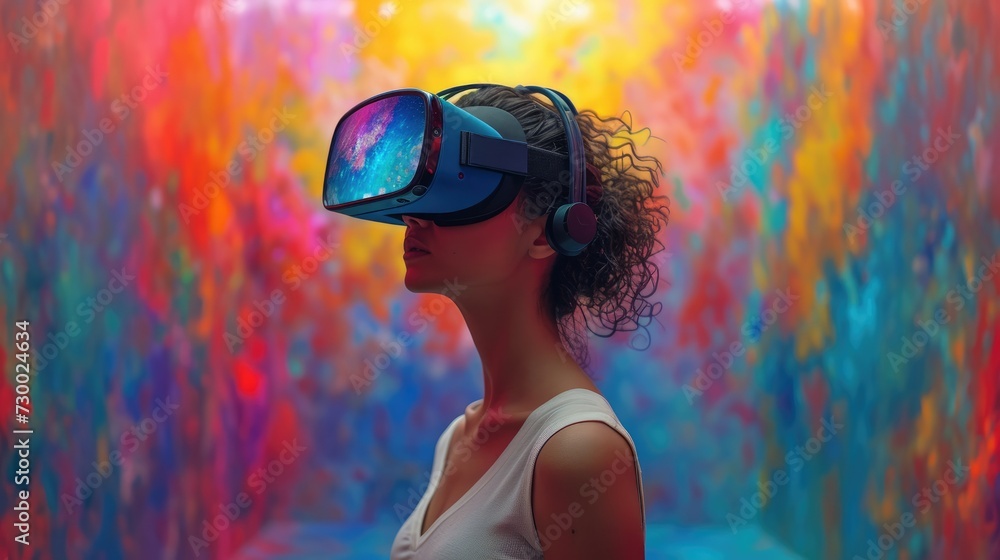 Poster A woman immersed in a virtual reality world painted in the bold colors, the vibrant environment pulsating with energy. Generative AI.