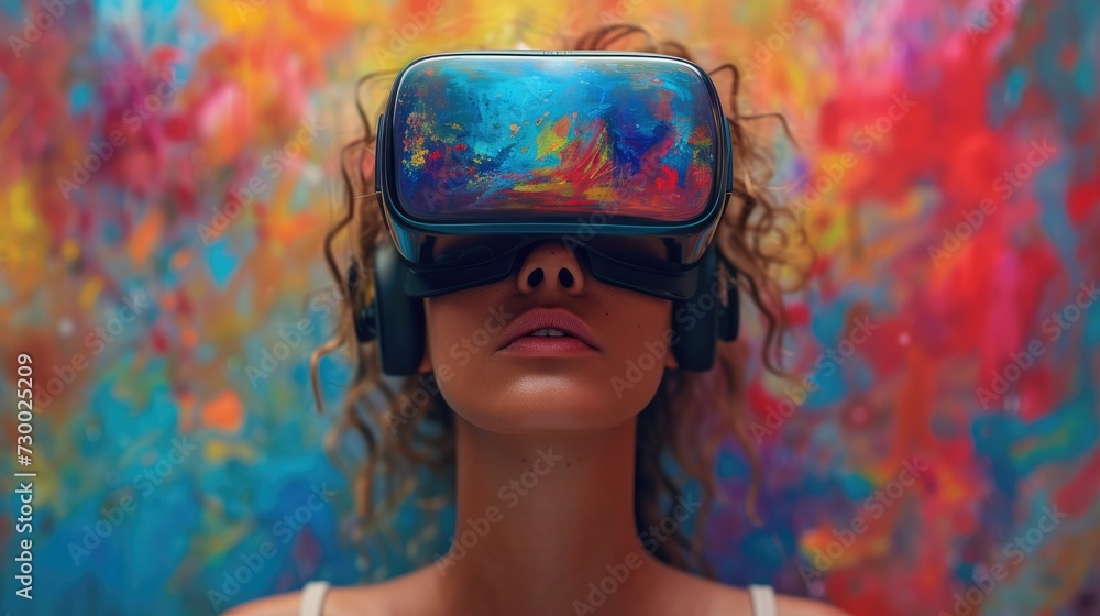Poster a woman immersed in a virtual reality world painted in the bold colors, the vibrant environment puls