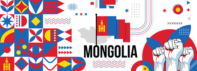 Mongolia national or independence day banner for country celebration. Flag and map of Mongolia with raised fists. Modern retro design with typorgaphy abstract geometric icons. Vector illustration	