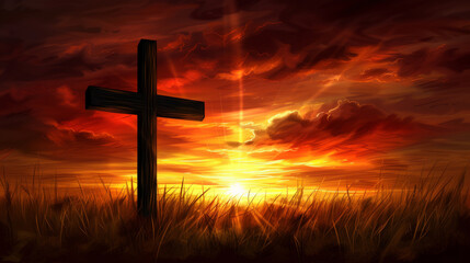Silhouette of cross against the background of bright sunset sky. Easter illustration, religious holiday of resurrection.