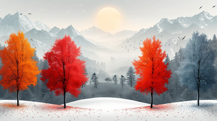 Autumn Forest Landscape: Vibrant Red and Orange Trees, Falling Leaves, Misty Atmosphere, Birds in Sky