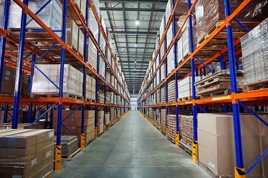 Modern automatized high rack warehouse, distribution warehouse with high shelves