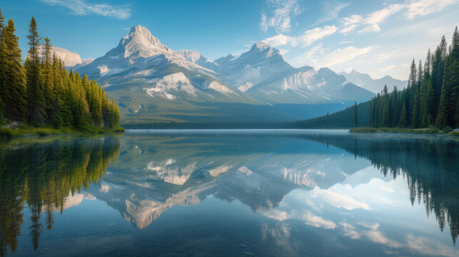 Reflection of majestic mountains on a calm lake in the morning under a blue sky © boxstock production