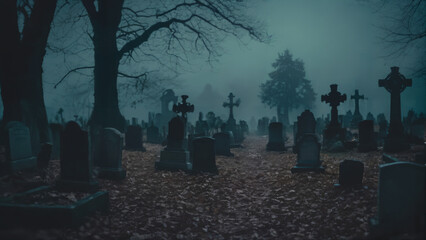 cemetery with graves and trees in a foggy night