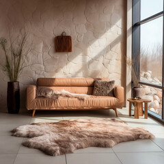 Rustic Elegance: Sheepskin Rug in Front of Stone Floor Sofa
