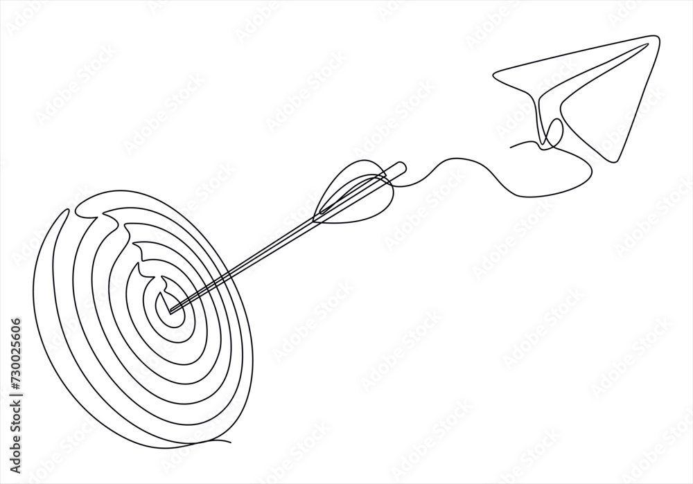 Poster continuous line design of paper airplane flying towards target circle. freedom, courage and success 