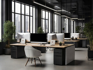 photo modern office space with desktops with modern computers created with generative ai technology