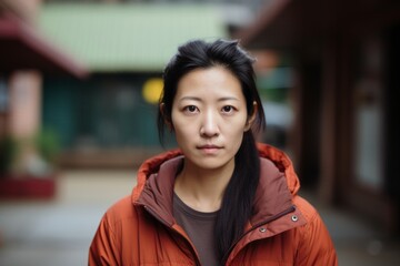 Portrait of a beautiful Asian woman in a red down jacket.