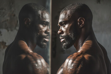 Male athlete looking at his reflection in the mirror