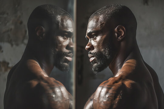 Male athlete looking at his reflection in the mirror