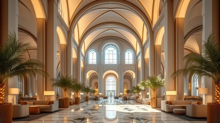 A hotel lobby interior inspired by modern tall arches. Generative AI. - obrazy, fototapety, plakaty