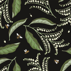 Sourwood tree branches with bees seamless pattern